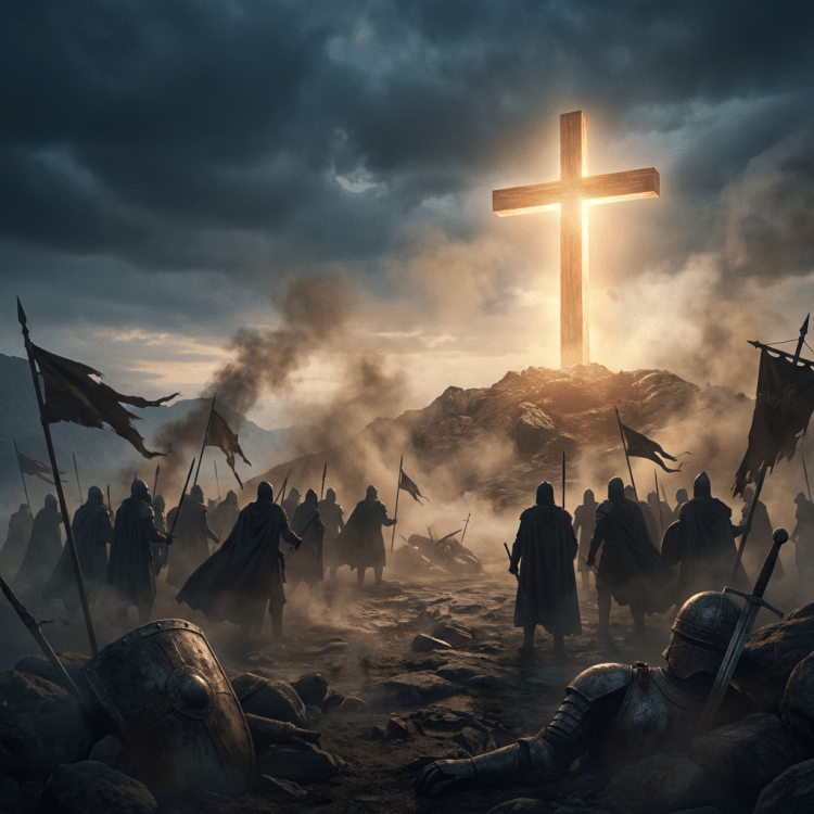 Medieval soldiers standing on a smoky battlefield facing a glowing wooden cross on a hill.