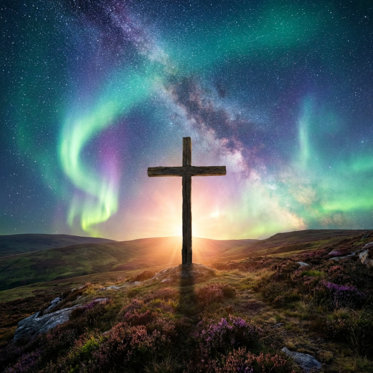 Wooden cross on a grassy hill beneath the Aurora Borealis and Milky Way galaxy.