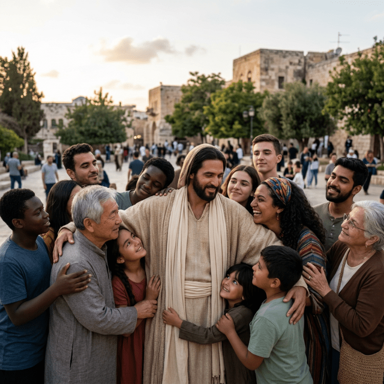 Diverse group of people embracing and smiling at a man in traditional robes